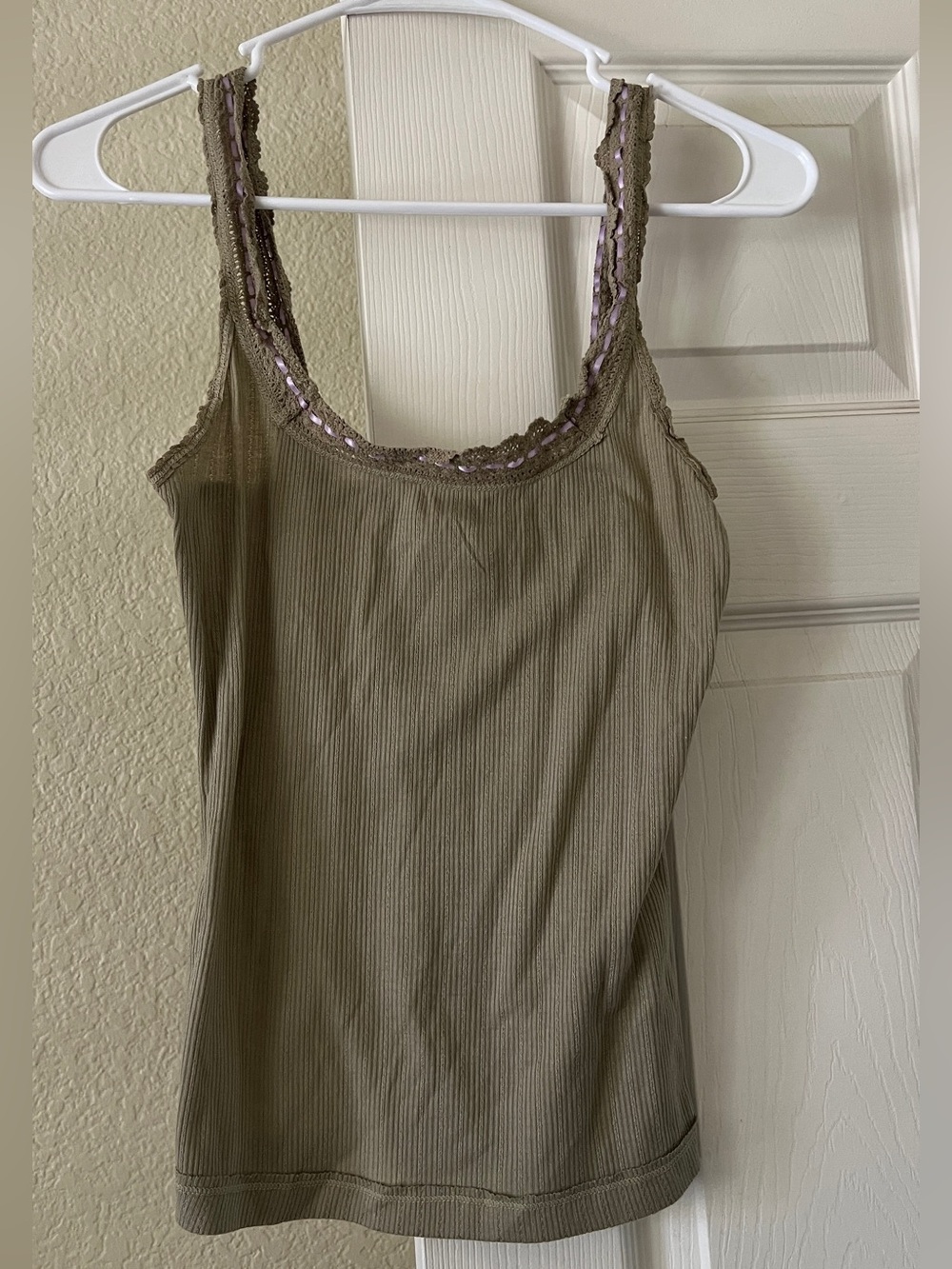 Free People Olive Ribbed Lace-Trim Tank